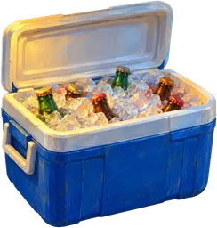 A blue and white cooler box with the lid open, full of ice and cold bottles