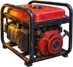 A small red and black petrol generator with a pull cord in a steel frame
