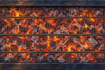 Grill level 2: a welded black sheet-steel suya grill with a new wire mesh over glowing charcoal