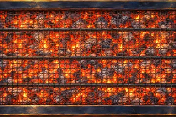 Grill level 3: a heavy dark-steel suya grill with a brass-edged rim and thick bars over a deep bed of charcoal