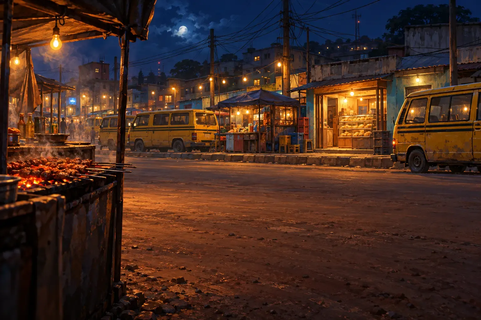 A suya grill glowing at night in Agege, Lagos, with yellow danfo buses parked across the road