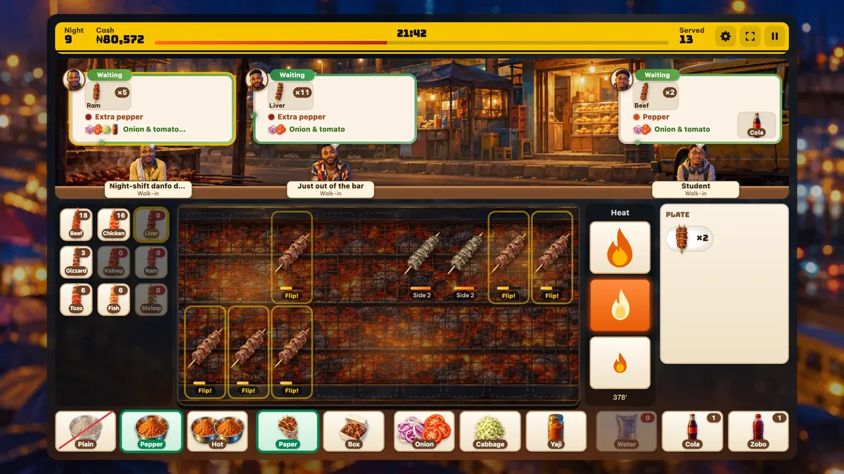 Mai Suya on a computer screen: four customers waiting with their orders above a charcoal grill full of suya skewers