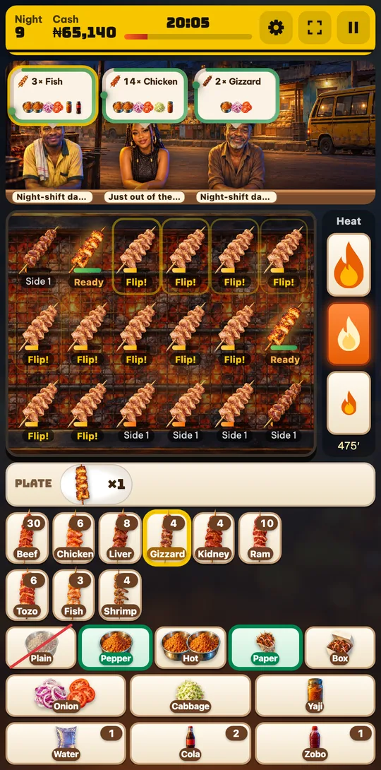 Mai Suya on a phone at night: customers waiting with their orders above a charcoal grill full of suya skewers, the three heat buttons beside it and the plate and meat tray below