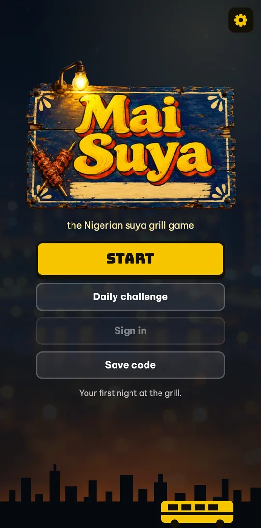 Mai Suya’s title screen in a phone browser: Start, Daily challenge, Sign in and Save code