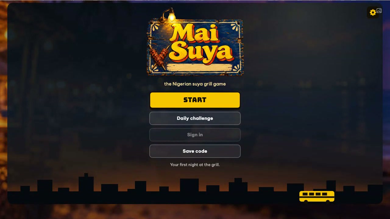 The Mai Suya title screen on a computer: the signboard logo, the yellow Start button and the Lagos skyline