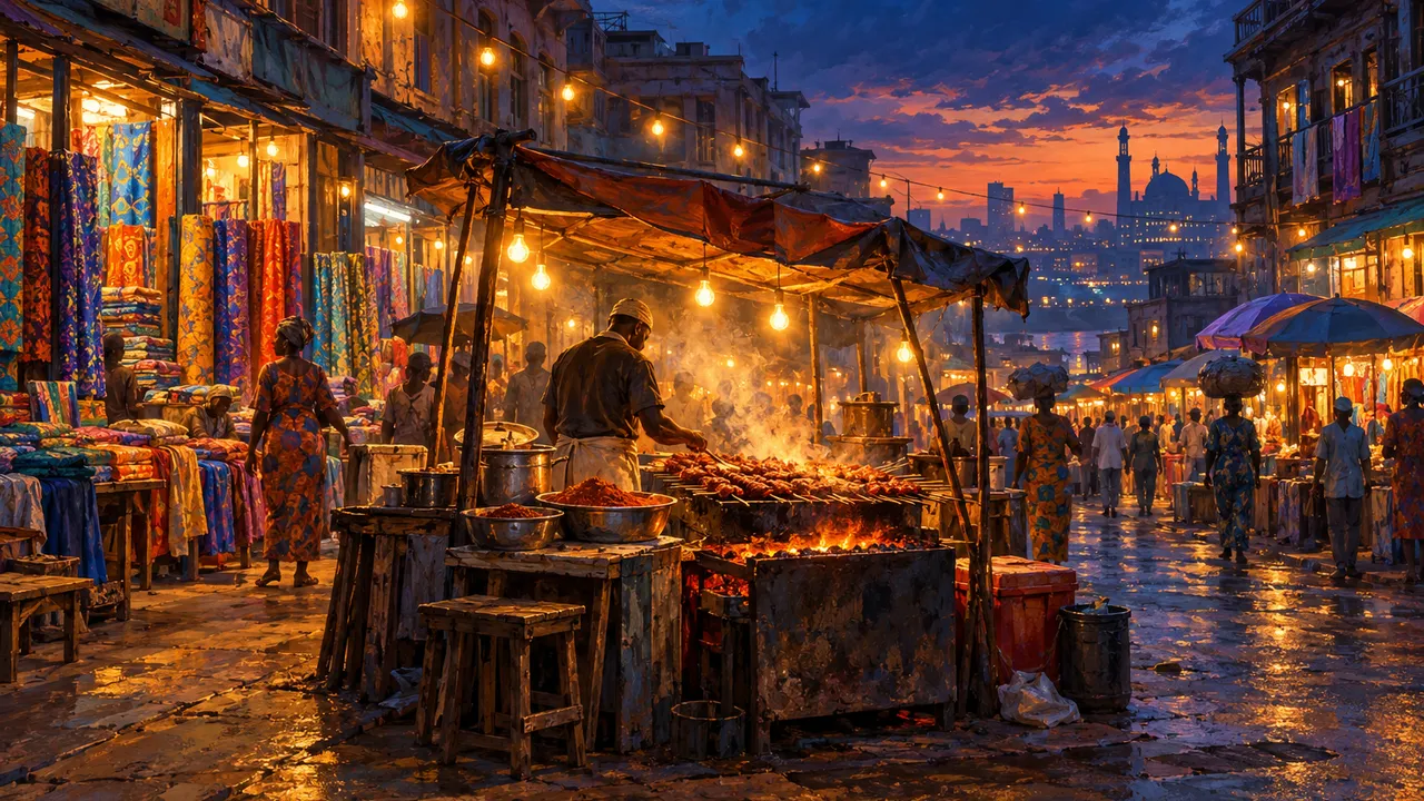 Painting of Balogun Market on Lagos Island at dusk: a street of old balconied buildings, bulbs strung overhead and bolts of colourful fabric