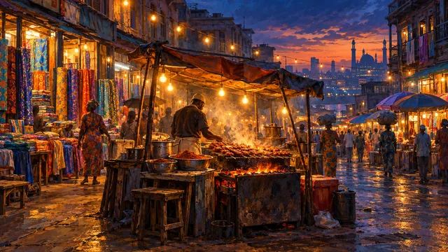 Painting of Balogun Market on Lagos Island at dusk: a street of old balconied buildings, bulbs strung overhead and bolts of colourful fabric