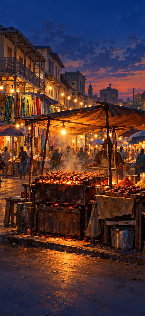 Phone version: Painting of Balogun Market on Lagos Island at dusk: a street of old balconied buildings, bulbs strung overhead and bolts of colourful fabric