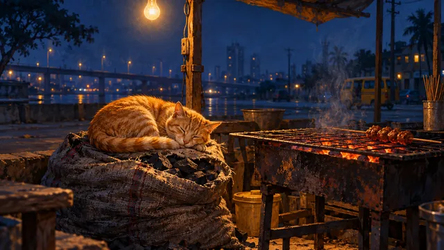 Painting of a ginger street cat asleep on a sack of charcoal beside a suya grill at night, the coals glowing softly, a skewer cooling on the rail and a bare bulb overhead