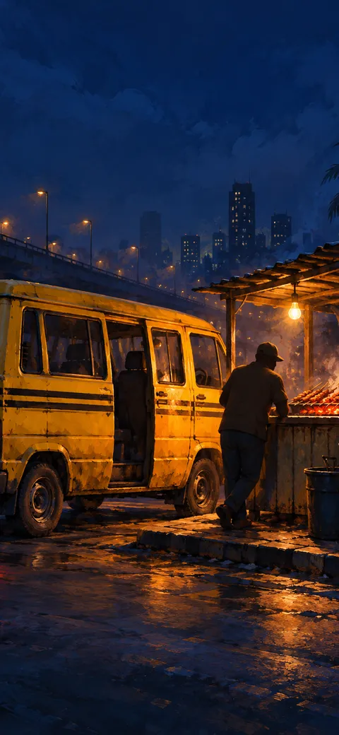 Phone version: Painting of a yellow danfo bus with black stripes parked beside a suya stall at night, its driver a soft silhouette leaning on the counter, lit by the bulb and the charcoal glow