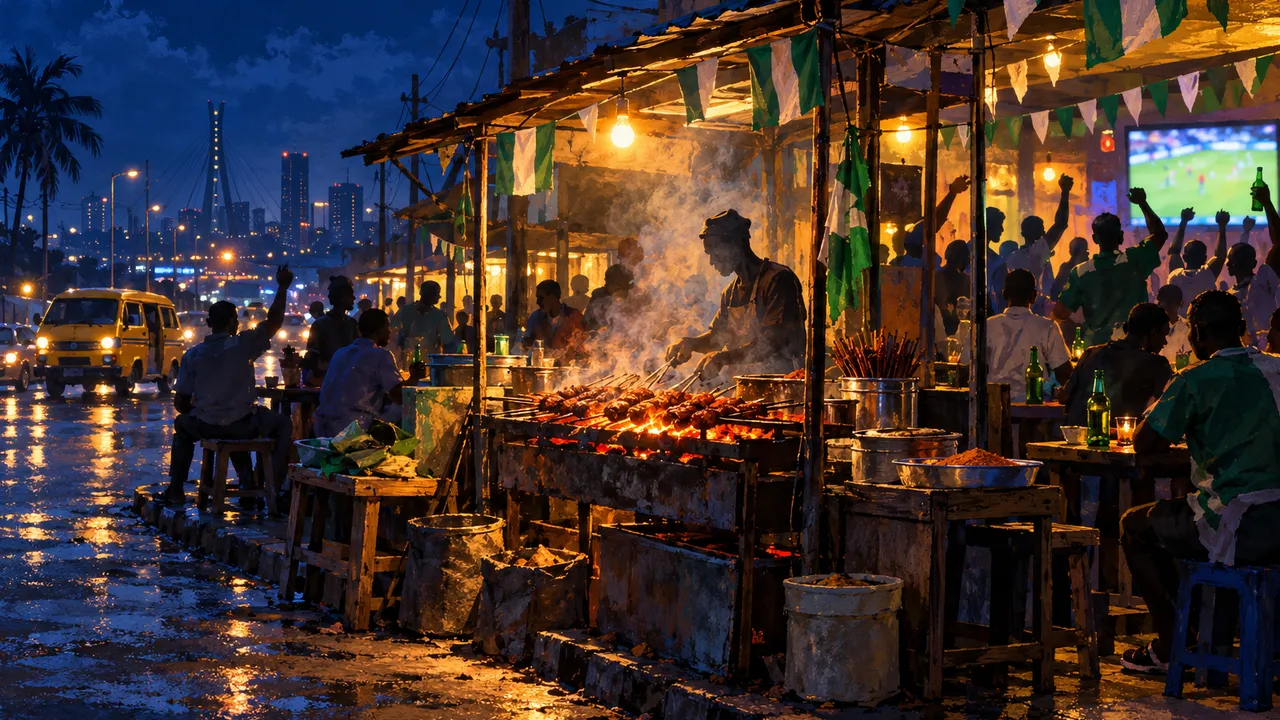 Painting of a suya stall outside a Surulere bar on match night: green and white bunting, the glow of a television inside the bar, a crowd of soft silhouettes and smoke from the grill