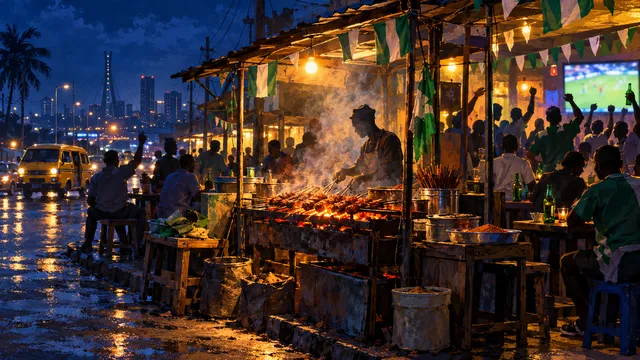 Painting of a suya stall outside a Surulere bar on match night: green and white bunting, the glow of a television inside the bar, a crowd of soft silhouettes and smoke from the grill