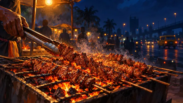 Close-up painting of suya skewers on a charcoal grill: beef slices caramelising, tongs turning one skewer, sparks and embers rising, yaji spice dust in the air