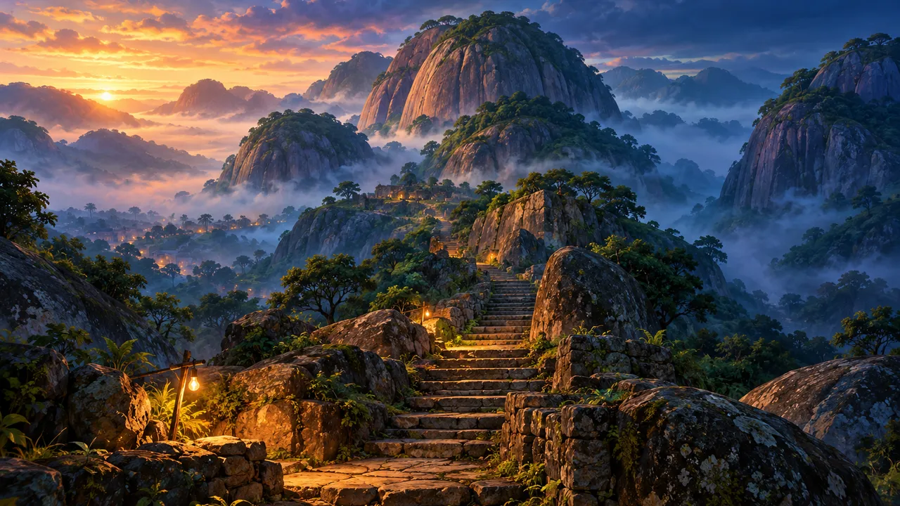 Painting of the Idanre Hills in Ondo State at dawn, green domed hills in mist, a stone stairway and soft light