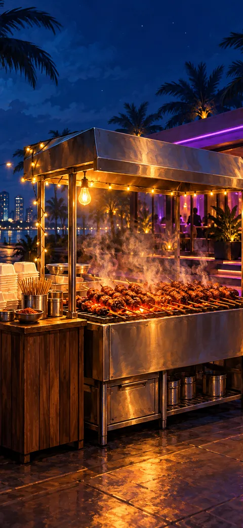 Phone version: Painting of an upscale suya stand in Lekki at night: a stainless-steel grill with a hood, white takeaway boxes, fairy lights, a lounge with purple neon behind and palm trees