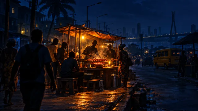 Painting of a Lagos street during a power cut: the whole street dark and blue, only the suya stall glowing orange from its charcoal, a candle on the table, silhouettes walking towards the warm light
