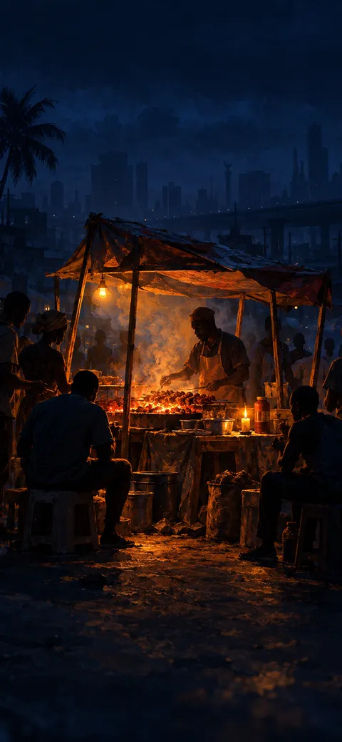 Phone version: Painting of a Lagos street during a power cut: the whole street dark and blue, only the suya stall glowing orange from its charcoal, a candle on the table, silhouettes walking towards the warm light