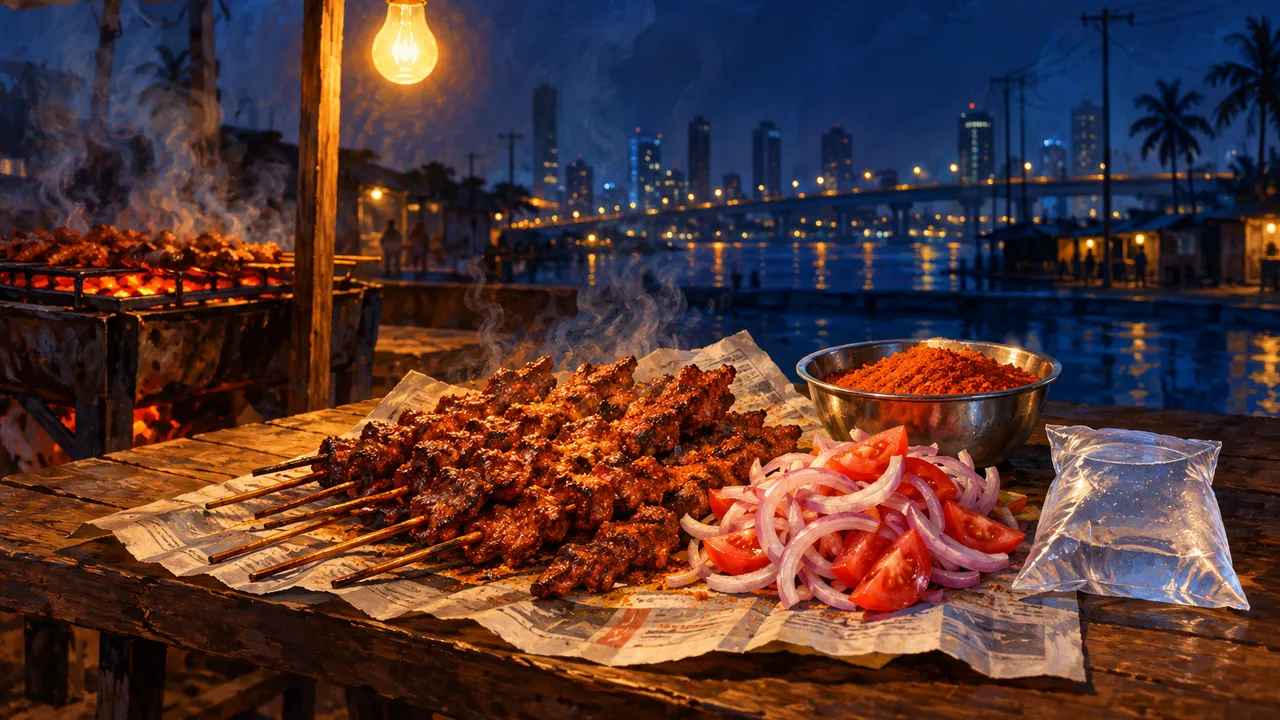 Painting of freshly grilled suya skewers on a newspaper spread on a wooden table, with sliced onion and tomato, a steel bowl of red yaji spice and a sachet of pure water under a bare bulb