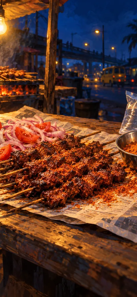 Phone version: Painting of freshly grilled suya skewers on a newspaper spread on a wooden table, with sliced onion and tomato, a steel bowl of red yaji spice and a sachet of pure water under a bare bulb