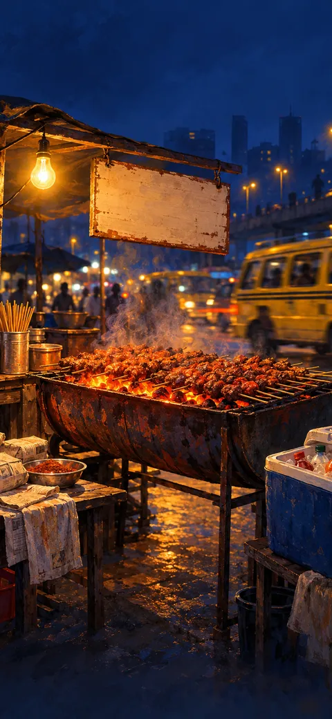 Phone version: Painting of a Lagos roadside suya stall at night: a half-drum grill of glowing coals with rows of skewers, a bare bulb on a wire, a blank signboard, a cooler and newspaper bundles, a yellow danfo blurred behind