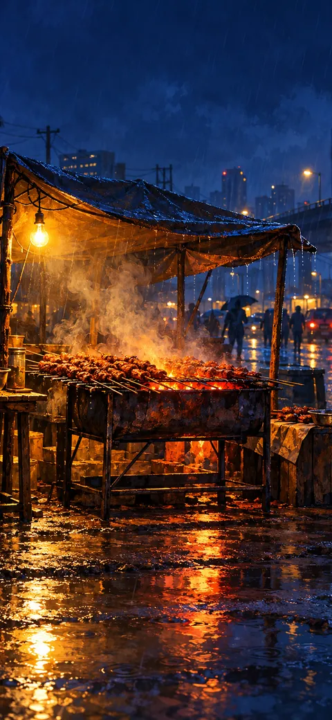 Phone version: Painting of a suya stall on a rainy Lagos night: a tarpaulin stretched over the grill, rain streaks in the bulb light, steam and smoke rising from the coals, the wet road mirroring orange and blue lights