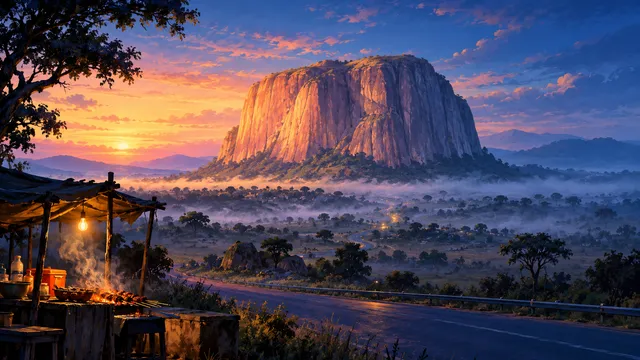 Painting of Zuma Rock near Abuja at dawn, the huge monolith lit pink and gold above mist in the savannah